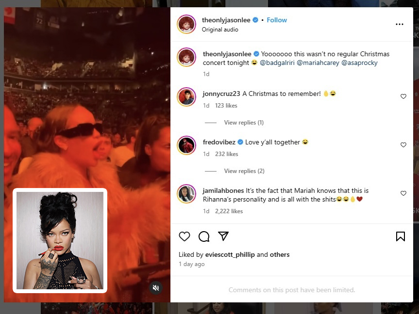 Heboh! Rihanna Dapat Tanda Tangan di Dada Saat Nonton Konser Natal Mariah Carey (Tangkapan Layar)