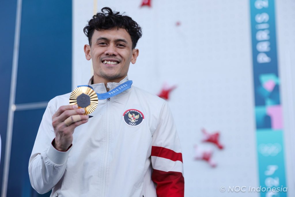 Veddriq Leonardo meraih medali emas di Olimpiade Paris 2024, Kamis (08/08/2024), Prancis. (Foto: NOC Indonesia)