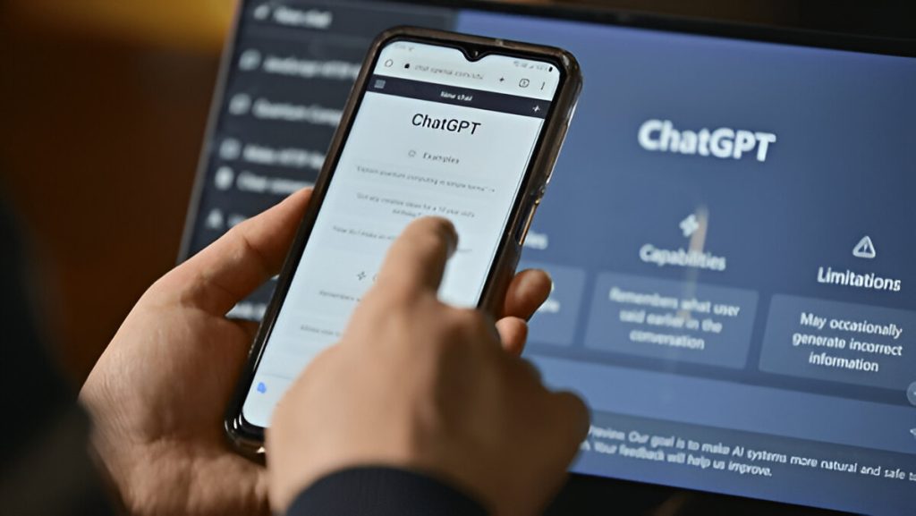 Layar komputer dengan situs web ChatGPT dan orang yang menggunakan ponsel untuk mengajukan pertanyaan kepada ChatGPT (shutterstock.com)