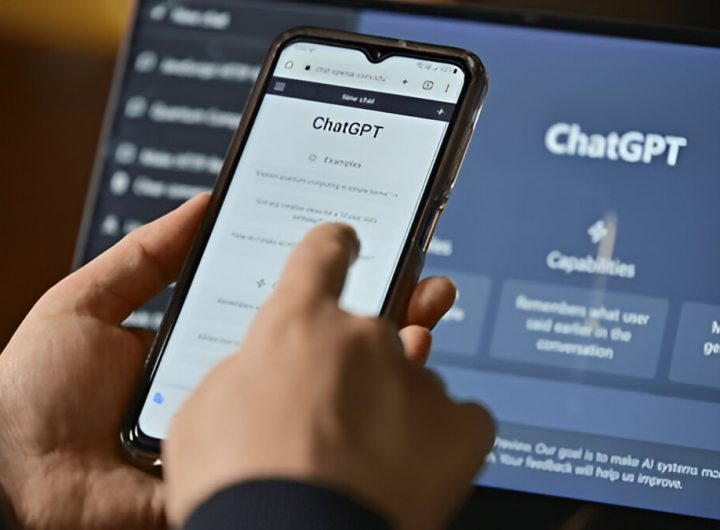 Layar komputer dengan situs web ChatGPT dan orang yang menggunakan ponsel untuk mengajukan pertanyaan kepada ChatGPT (shutterstock.com)