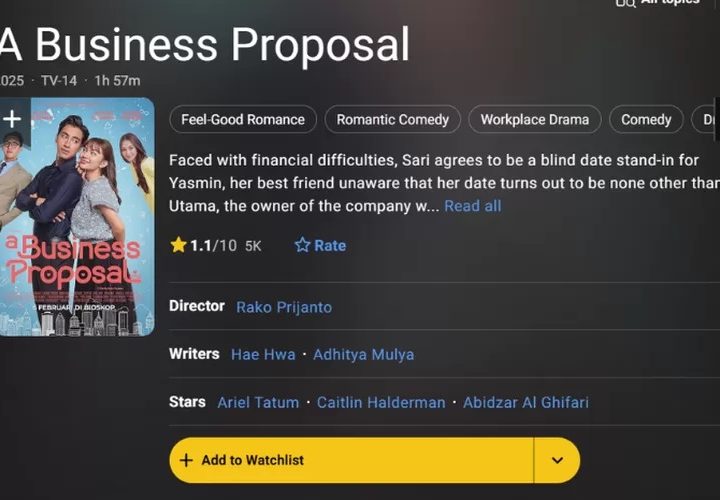 Tangkapan Layar - Skor IMDb remake A Business Proposal versi Indonesia 1,1. (IMDb)