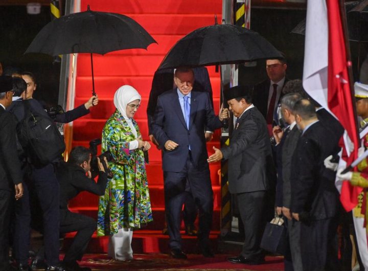 Presiden Prabowo Subianto (kelima kanan) menyambut kedatangan Presiden Turki Recep Tayyip Erdogan (tengah) dan istrinya, Emine Erdogan (kelima kiri) di Pangkalan Udara TNI AU Halim Perdanakusuma, Jakarta, Selasa (11/2/2025). (Sumber : katadata.co.id)