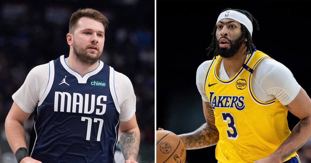 Lakers mendapatkan Luka Doncic, kiri, dari Dallas Mavericks dengan imbalan Anthony Davis dalam perdagangan besar tiga tim Sabtu malam.(Sumber: Jacob Kupferman/Associated Press)
