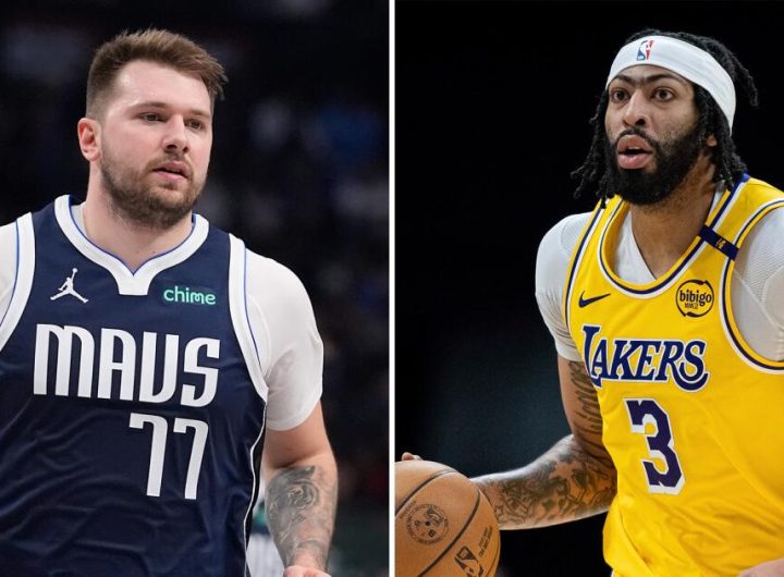 Lakers mendapatkan Luka Doncic, kiri, dari Dallas Mavericks dengan imbalan Anthony Davis dalam perdagangan besar tiga tim Sabtu malam.(Sumber: Jacob Kupferman/Associated Press)