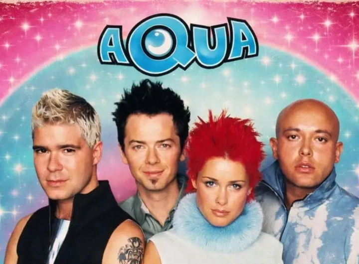 Anggota band AQUA, (dari kiri) Søren Rasted (Gitar), Claus Norreen (Gitar), Lene Nystrøm Rasted (Vokal), dan René Dif (Vokal)