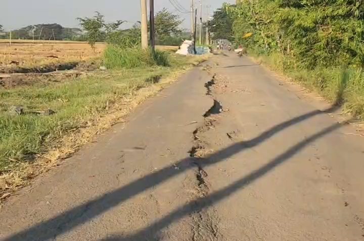 Ruas Jalan Karangsembung–Tambelang Amblas dan Rawan Kecelakaan, Kontur Jalan Miring 50 Sentimeter (Foto : Darfan)