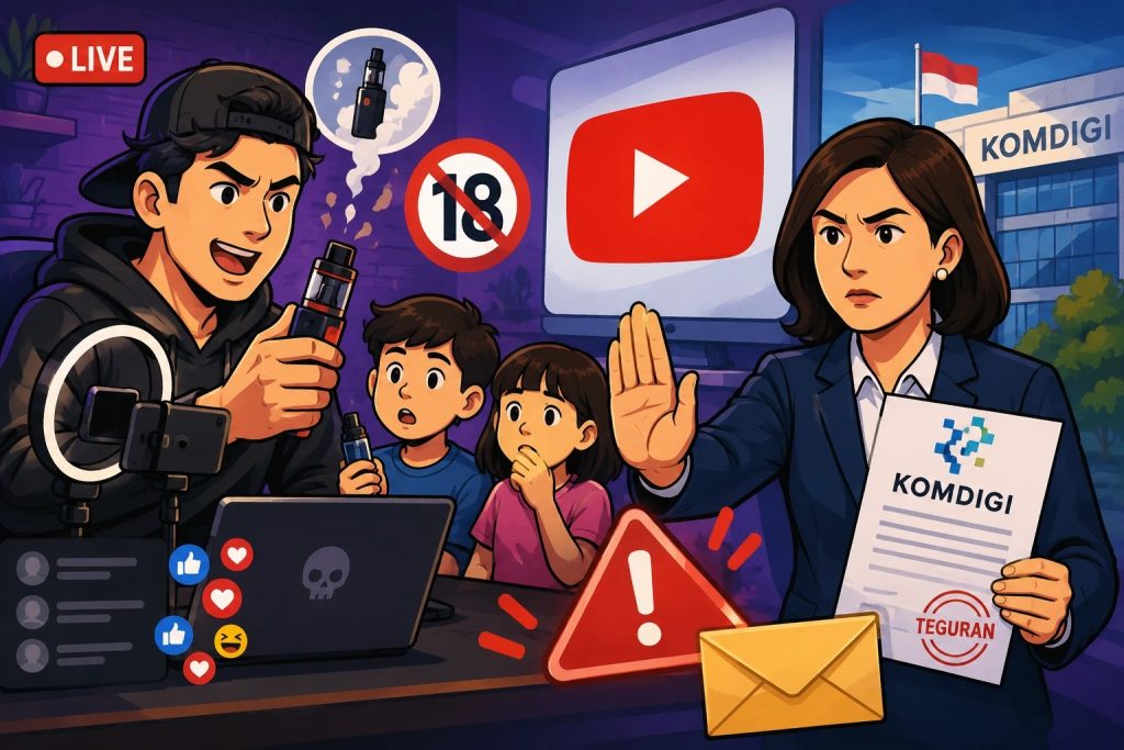 Ilustrasi komdigi menegur youtube karena promosi vape ke anak-anak (Sumber Foto : Buatan AI)
