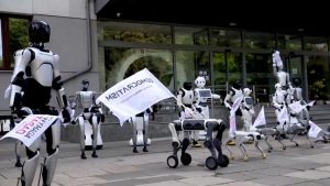 Sejumlah robot menggelar aksi demonstrasi di depan Kementerian Urusan Digital Polandia, Senin (7/9/2026). (Tangkapan Layar Democratism.com via Reuters)